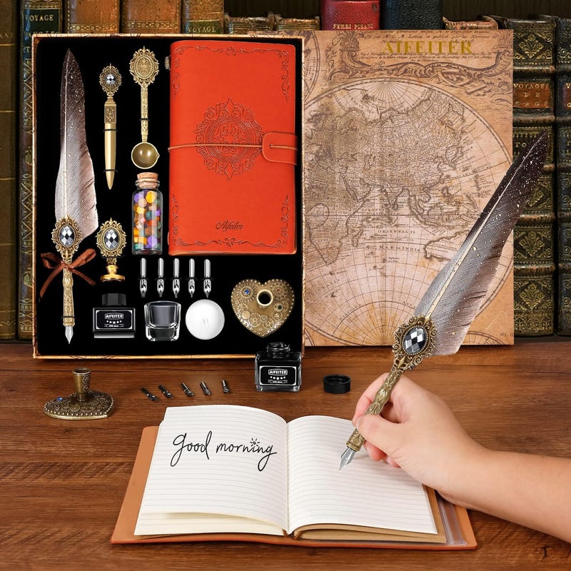 Aifeiter Feather Pen Ink Set,Includes Quill Pen,Notebook,Ink,5 Replaceable Nibs,Pen Holder,Cup,Seal Stamp,Spoon,Wax Bead,White Wax,Envelope & Letter Paper Etc.Feather Calligraphy Pen Set-Grey - Image 3